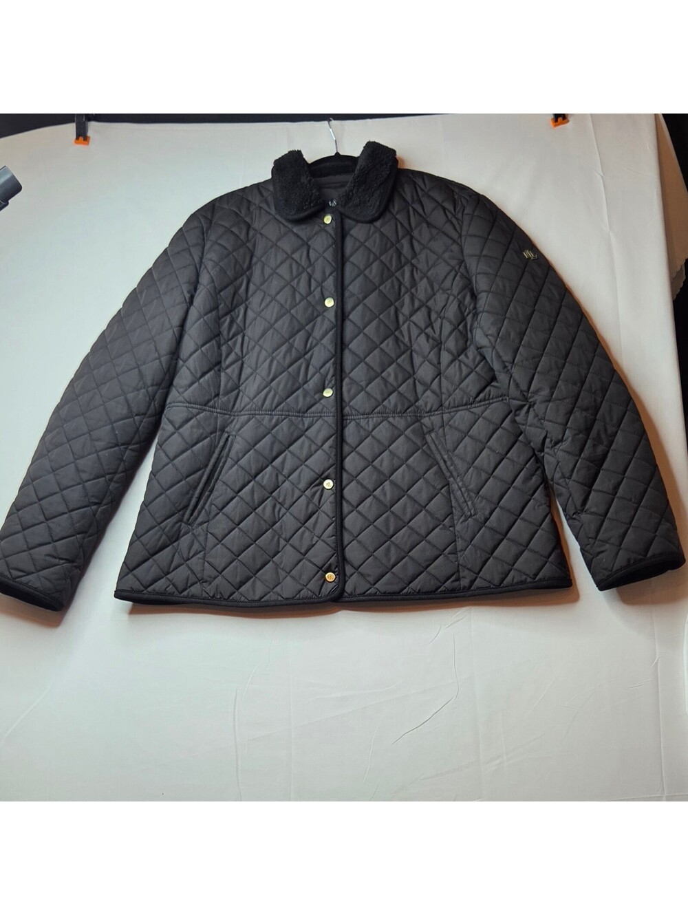 Lauren Ralph Lauren Black Quilted Barn Jacket Women's XL Corduroy Gold Snaps
